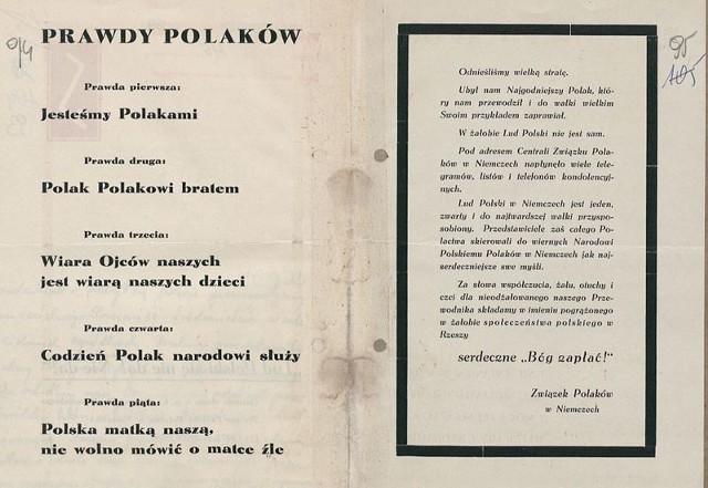 Ulotka Związku Polaków w Niemczech w wydana po śmierci Bolesława Domańskiego