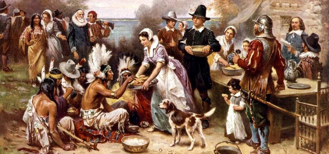 "The First Thanksgiving", obraz przedstawiający wyobrażenie o pierwszym Święcie Dziękczynienia z 1621 roku namalował Jean Leon Gerome Ferris (1863–1930).