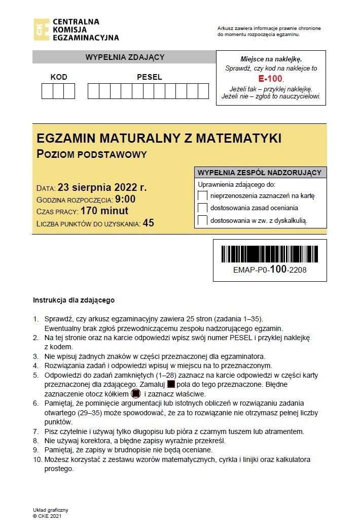 Matura poprawkowa z matematyki 2022. Zobacz arkusz CKE i odpowiedzi. Z jakimi zadaniami musieli zmierzyć się uczniowie?