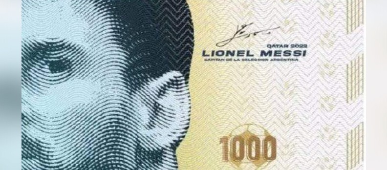 Wizerunek Lionale Messiego z jego podpisem na banknocie 1000...