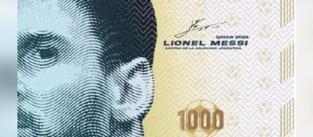 Wizerunek Lionale Messiego z jego podpisem na banknocie 1000 argentyńskich peso