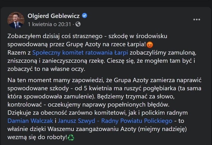 Grupa Azoty Police żąda przeprosin od marszałka Geblewicza. Chodzi o wpis na portalu społecznościowym