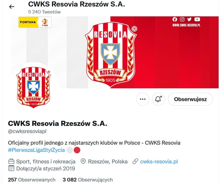 17. miejsce: Resovia Rzeszów - 3.082 obserwujących...