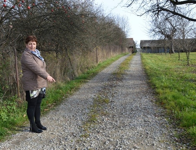 Maria Kołodziej wskazuje drogę, która w 2013 r. została utwardzona przez gminę. Wtedy dowiedziała się, że teren nie należy do niej.