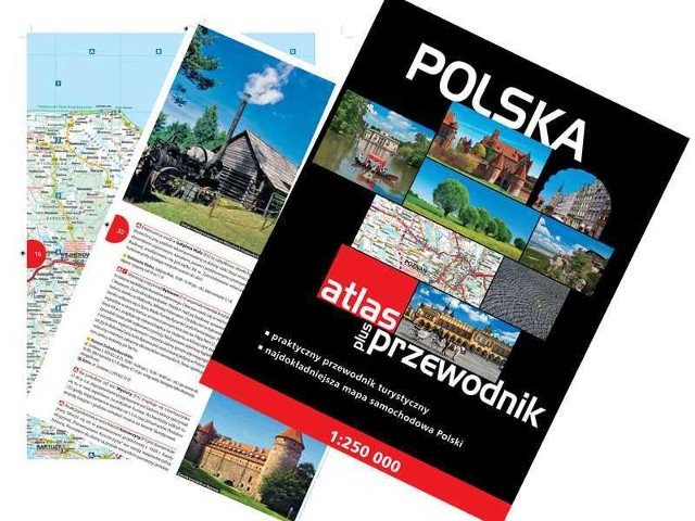 Atlas plus przewodnik, czyli mapa samochodowa całej Polski i praktyczny przewodnik turystyczny.