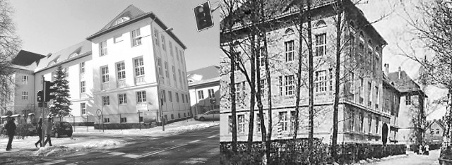 Budynek I LO w Szczecinku im. księżnej Elżbiety współcześnie i w 1913 roku. 