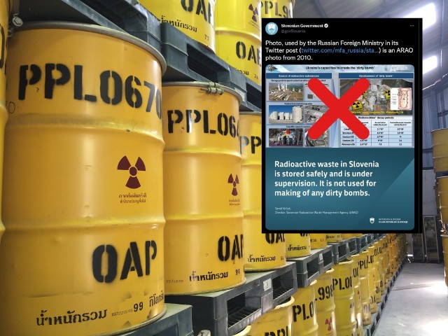 Rosja zmanipulowała zdjęcia, by oskarżyć Ukrainę o budowę brudnej bomby. Manipulację wykrył rząd Słowenii, który poinformował, że zdjęcie użyte przez Rosjan zostało wykonane w 2010 roku i należy do organizacji odpowiedzialnej za gospodarowanie odpadami promieniotwórczymi ARAO.