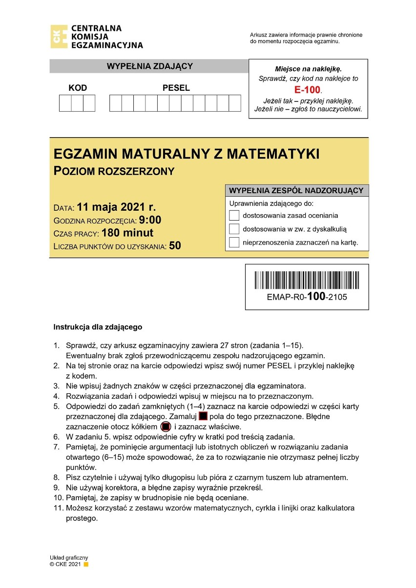 Matematyka rozszerzona 2021 ARKUSZ CKE, ODPOWIEDZI. Sprawdź jakie zadania były na maturze rozszerzonej z matematyki 11.05.