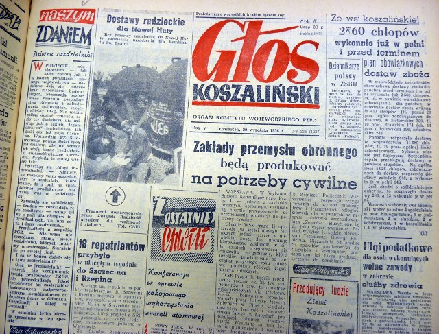 Głos Koszaliński z 20 września 1956 roku. Gazeta była wówczas organem komitetu wojewódzkiego PZPR.Jak wyglądała cała pierwsza strona? Sprawdź na kolejnym zdjęciu.