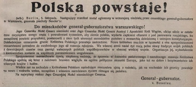 Akt 5 Listopada, proklamujący 100 lat temu powstanie Królestwa Polskiego, związany jest z Pszczyną. Podczas I wojny światowej kwaterował tam cesarz Wilhelm II.