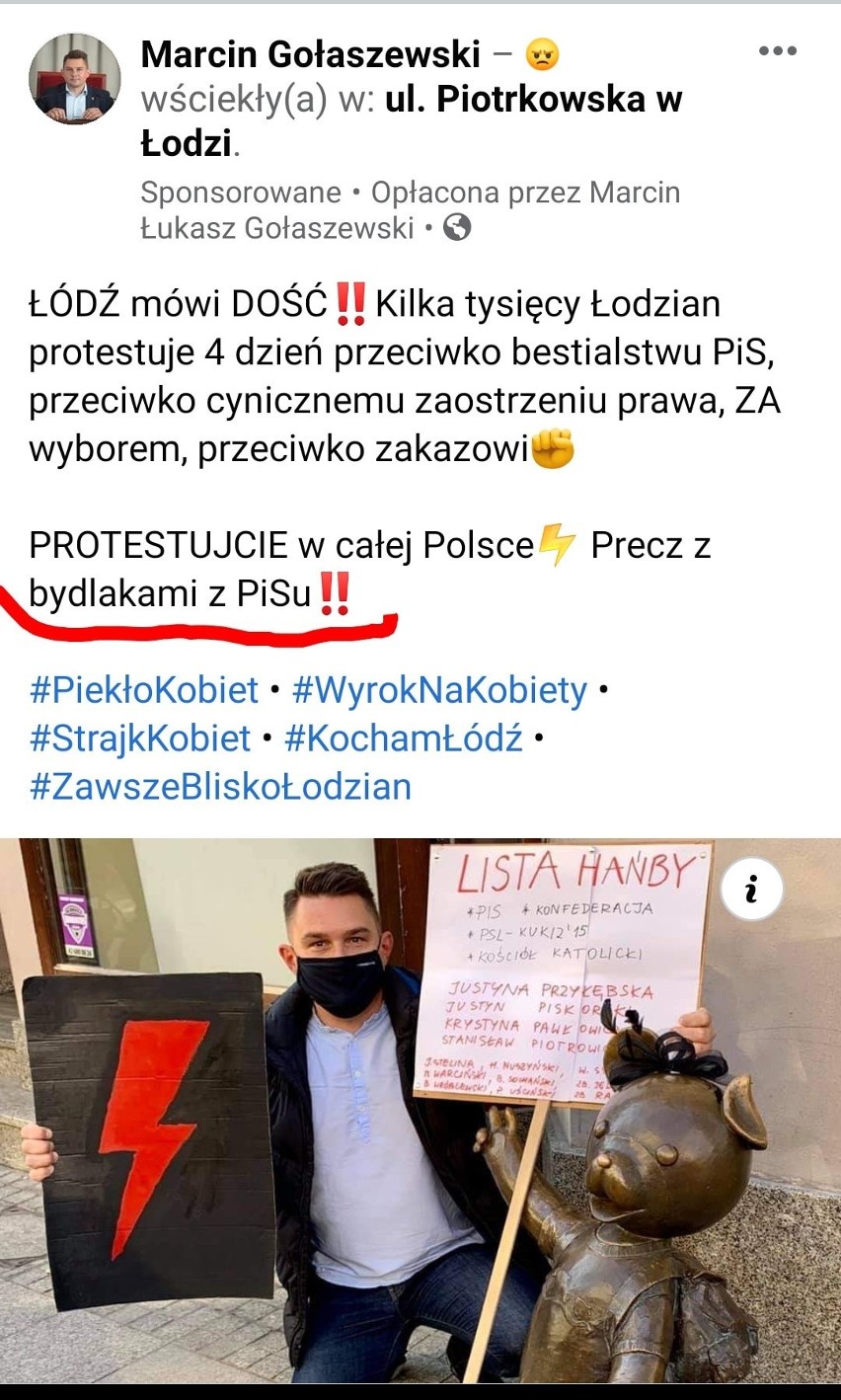 Ostrzegał przed mową nienawiści, teraz nazywa PiS "bydlakami". PiS zarzuca hipokryzję Marcinowi Gołaszewskiemu, szefowi Rady Miejskiej Łodzi