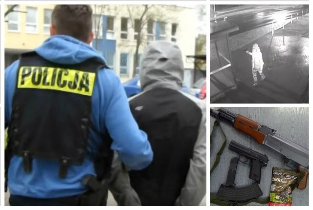 Wiatrówkę (czarny pistolet) i replikę kałasznikowa zabezpieczyli policjanci po zatrzymaniu 21-letniego chuligana.