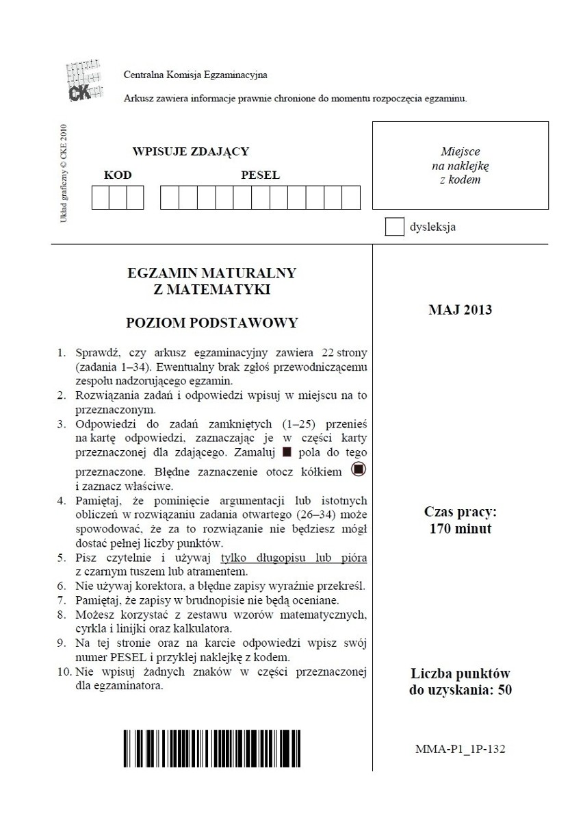 MATURA 2013 z CKE. Matematyka - poziom podstawowy [ARKUSZE, ODPOWIEDZI]