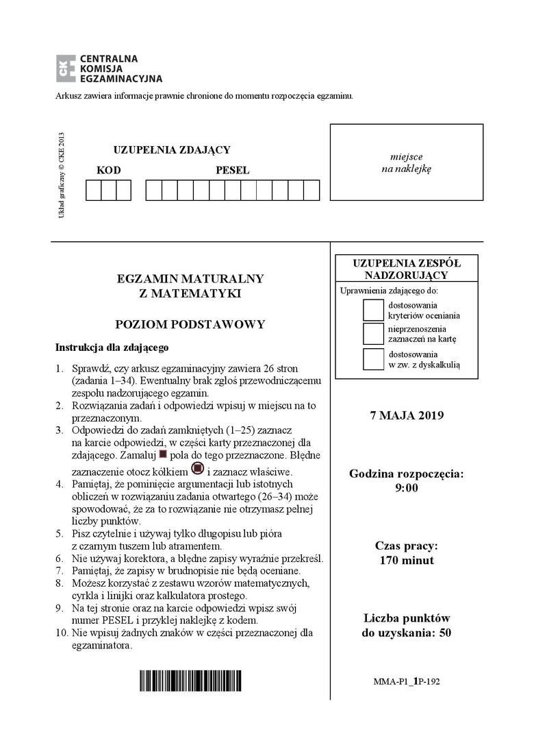 Matura 2019 ODPOWIEDZI Z MATEMATYKI ARKUSZ CKE