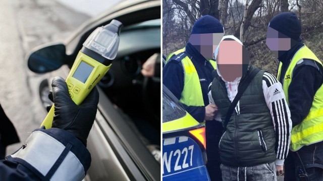 Zatrzymanie pijanego kierowcy, które miało miejsce w ubiegłym tygodniu na trasie z Osiek do Łaz (z prawej)