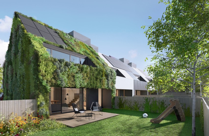 Fasady domów na ekologicznym osiedlu będą porastały rośliny.