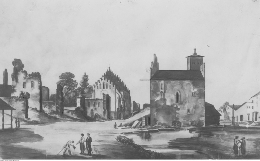 Fragment kościoła i ratusza. Zdjęcie starej ryciny