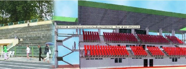 Trybuna główna inowrocławskiego stadionu. Betonowy "bunkier&#8221; budowlańcy zamienią na lekkę, krytą dachem konstrukcję z miejscami siedzącymi dla 500 widzów.