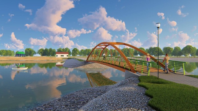 Zalew kluczborski, czyli zbiornik retencyjny w Ligocie Górnej. Tak będzie wyglądał 42-metrowy most na zalewie.