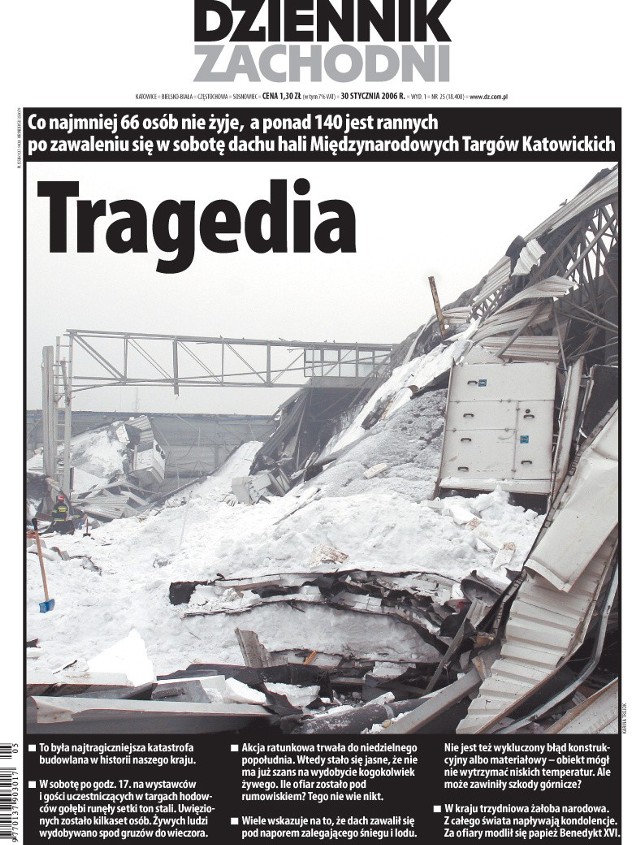 Archiwalne wydanie Dziennika Zachodniego z 30 stycznia 2006 roku tuż po katastrofie hali MTK.ZOBACZ TAKŻEKatastrofa hali MTK
