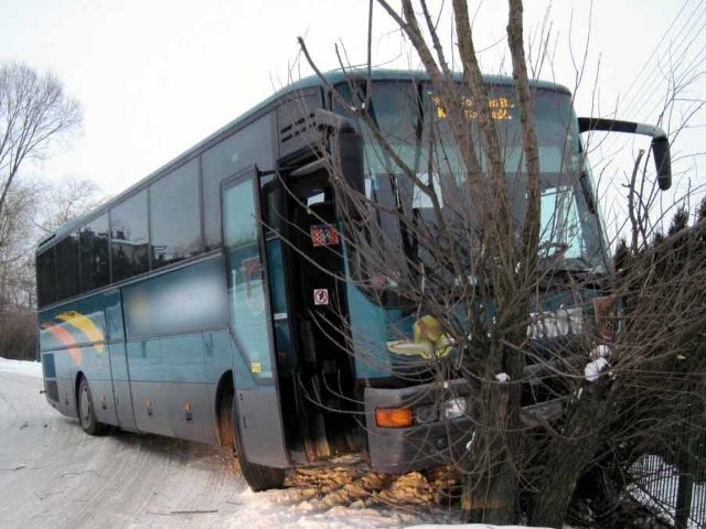 Autobus uderzył w drzewo i zatrzymał się na płocie jednej z posesji