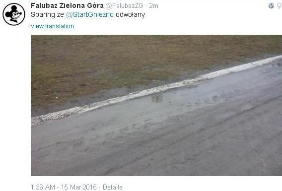 Falubaz Zielona Góra informację o odwołaniu sparingu ze Stalą Gorzów podał w niedzielę 15 marca m.in. na twitterze.