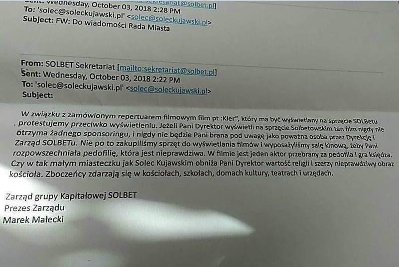 Prezes firmy Solbet do dyrektor kina w Solcu Kujawskim: - Protestujemy przeciwko wyświetlaniu filmu "Kler"