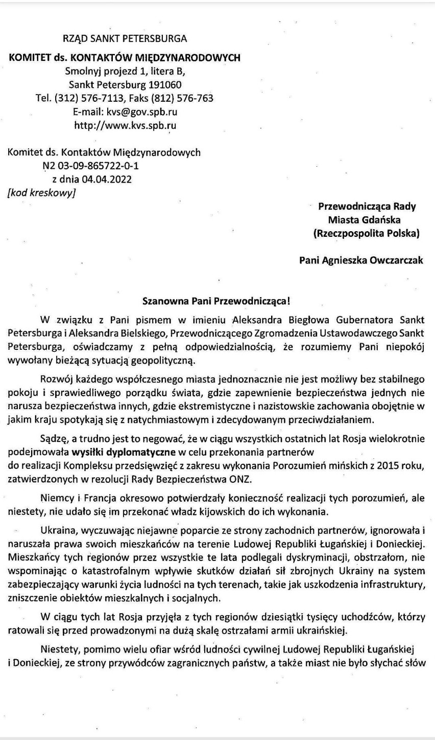 "Ta odpowiedź pokazuje, że postąpiliśmy słusznie". Władze Sankt Petersburga odpowiadają Radzie Miasta Gdańska po zerwaniu współpracy