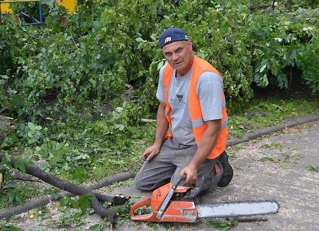 Pilarz Grzegorz przygotowuje piłę do kolejnego etapu pracy.