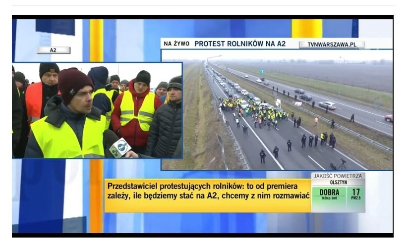 Protest rolników na autostradzie A2 między Łodzią a Warszawą. Pas w kierunku Warszawy zablokowany. Uwaga na utrudnienia!