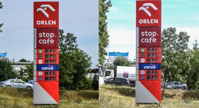 Ceny na stacji PKN Orlen w sobotę,30.07. (zdjęcie z lewej) i z wtorku (zdjęcie z prawej), 02.08.