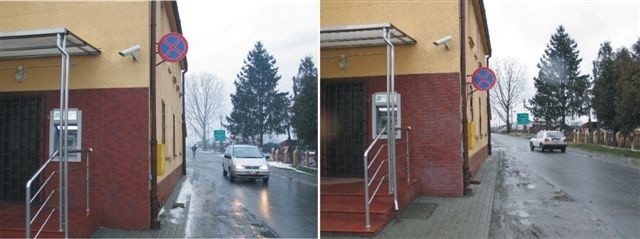 Znak obok bankomatu w Orłach był zawieszony zbyt wysoko (nz. z lewej). Po naszym tekście umieszczono go niżej.