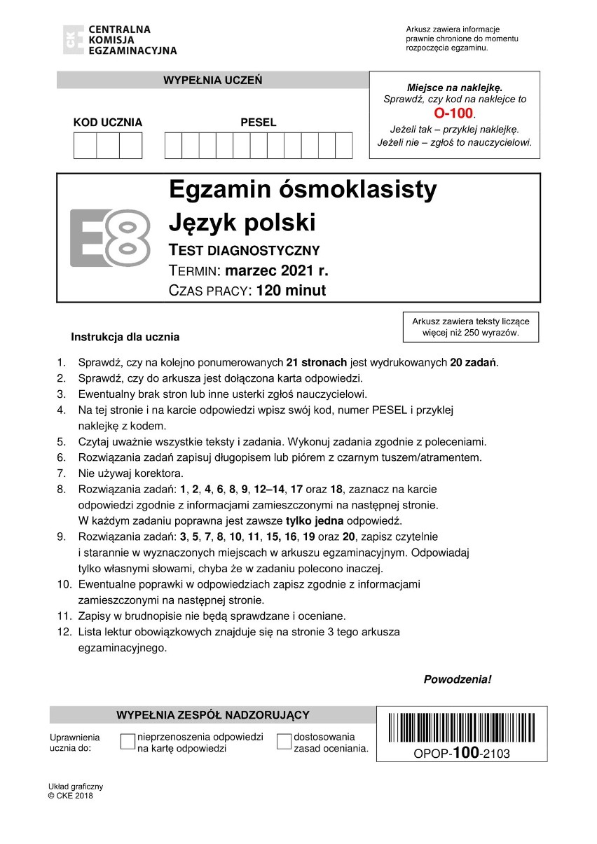 Próbny egzamin ósmoklasisty z języka polskiego - arkusze CKE