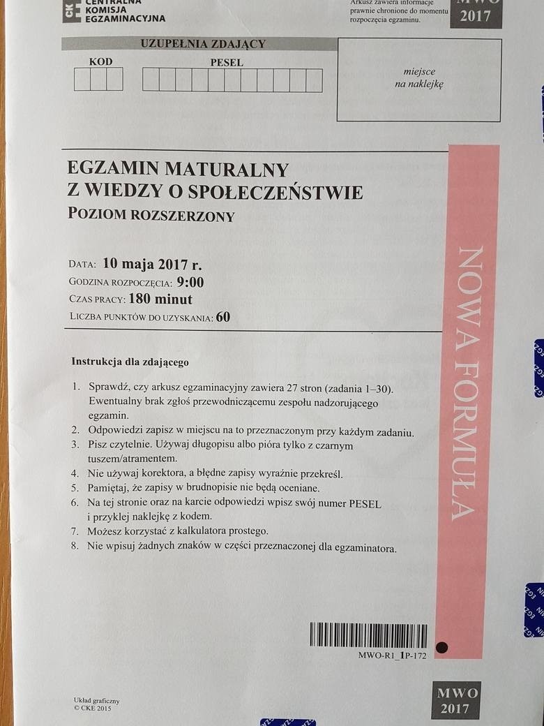 Środa, 10 maja to na maturze 2017 dzień egzaminu z wiedzy o...