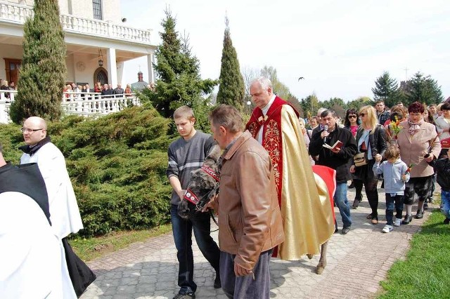 ksiądz Zbigniew Stanios, kustosz sanktuarium, jechał na osiołku