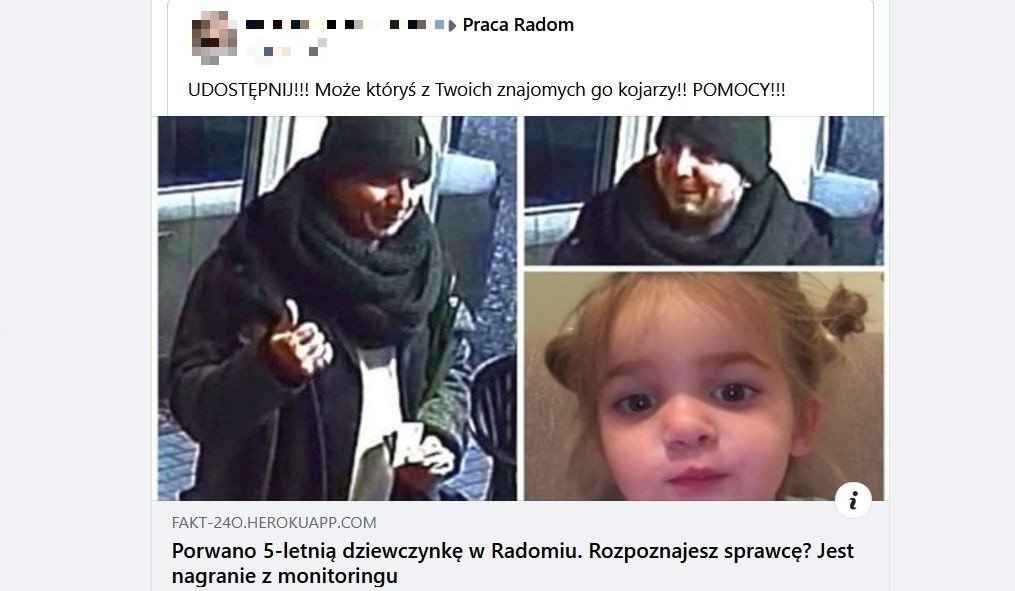 Uwaga! Wiadomość o porwaniu dziewczynki w Radomiu to fake news. Policja  przestrzega przed oszustami | Echo Dnia Radomskie