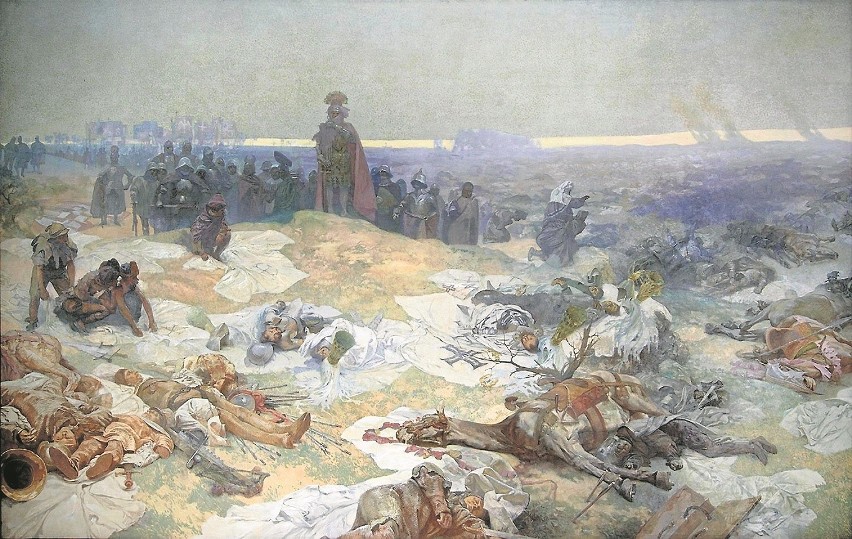 Bitwa w wersji czeskiej. Alfons Mucha, obraz Po bitwie pod...