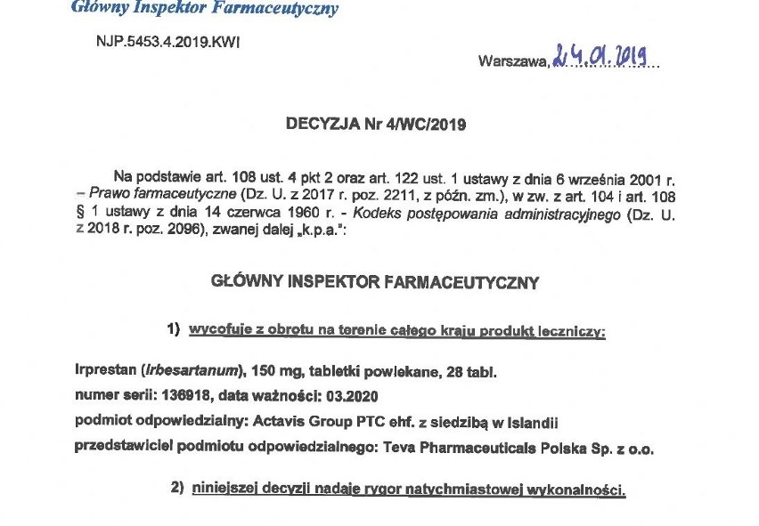 GIF wycofał z obrotu lek dzisiaj [25.01.2019] na nadciśnienie, choroby nerek i cukrzycę typu 2. Masz ten lek w apteczce?