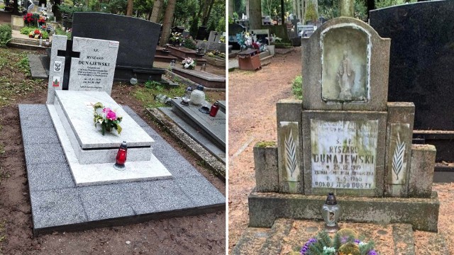 Nowy pomnik sfinansowany przez społeczną zbiórkę (z lewej). Tak wyglądał grób Ryszarda Dunajewskiego zanim stanął tutaj nowy pomnik (z prawej).