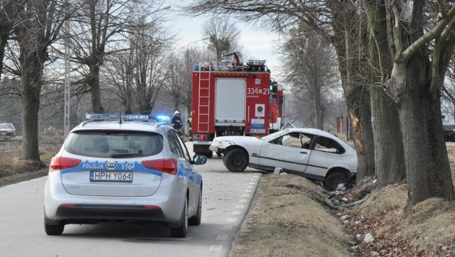 Wypadek w Czarnej Wsi w gminie Pionki. BMW rozbiło się na drzewie.