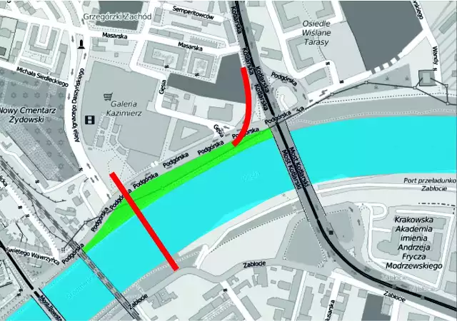 Kolorem czerwonym zostały zaznaczone proponowane lokalizacje kładek    pieszo-rowerowych