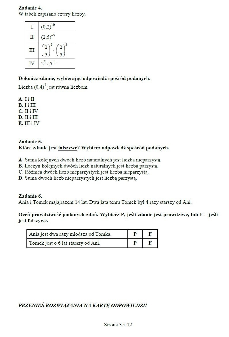 Próbny egzamin gimnazjalny 2012 [ARKUSZ, ODPOWIEDZI]. Test z matematyki