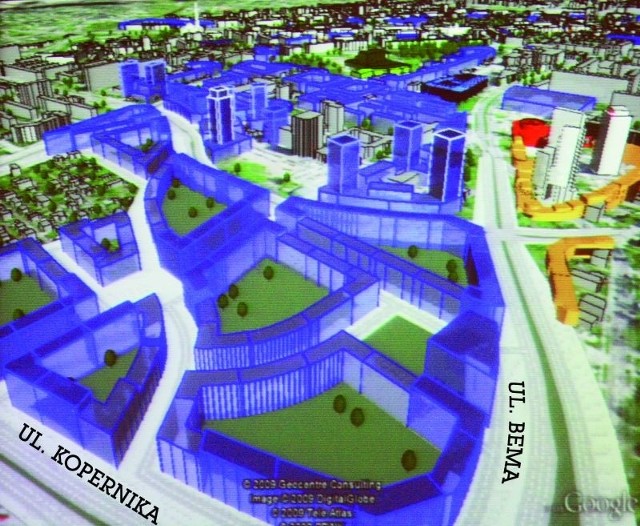 Rejon między ul. Kopernika (na dole z lewej) i Bema (z prawej) wg wizji urbanistów - niebieskie budynki obecnie nie istnieją