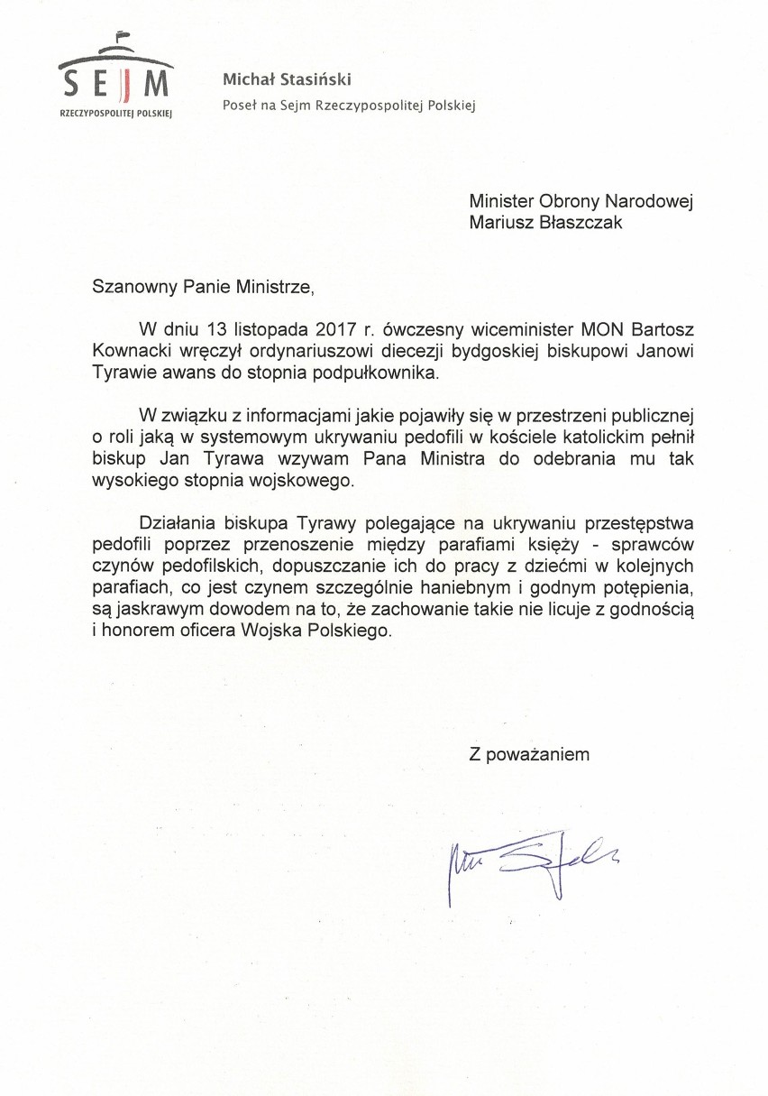 Poseł Stasiński chce zdegradowania biskupa Tyrawy. Napisał list do MON