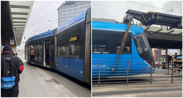 Wykolejenie tramwaju linii 4 na rondzie Reagana we Wrocławiu 18.11.2023