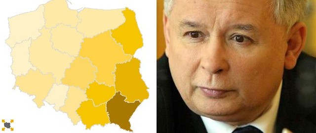Mapka pokazująca poparcie dla Jarosława Kaczyńskiego w województwach - najwyższy na Podkarpaciu