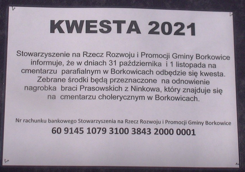 W Borkowicach mieszkańcy odwiedzający cmentarz wspierali zbiórkę pieniędzy na rzecz ratowania zabytkowej mogiły