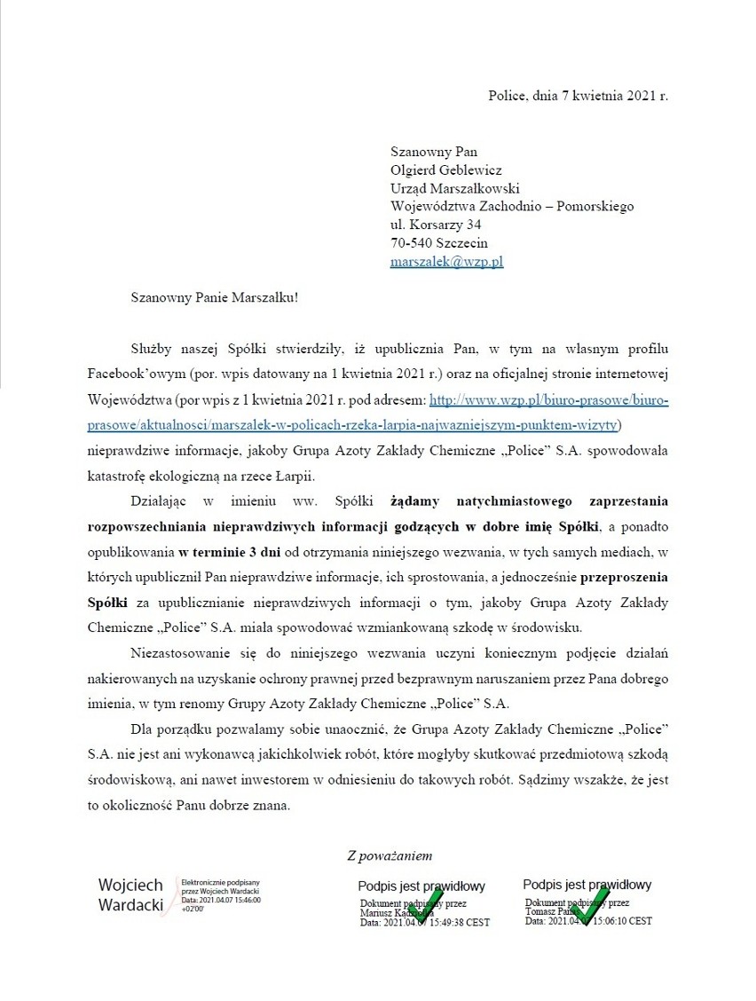 Grupa Azoty Police żąda przeprosin od marszałka Geblewicza. Chodzi o wpis na portalu społecznościowym