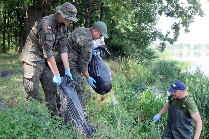 Terytorialsi i strażacy łowią martwe małże w Zalewie Zemborzyckim