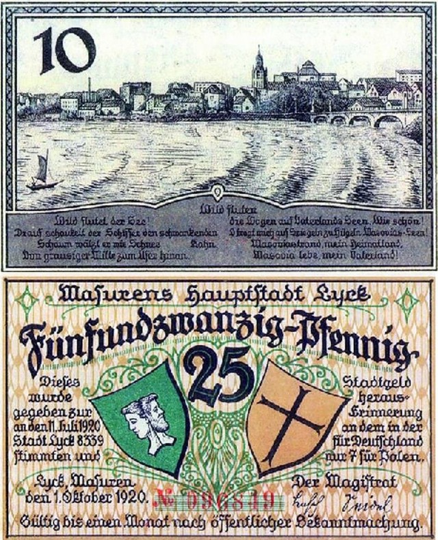 Ełckie banknoty plebiscytowe. Nominały niewielkie, ale podkreślały ogromną przewagę Niemców nad Polakami w mieście.